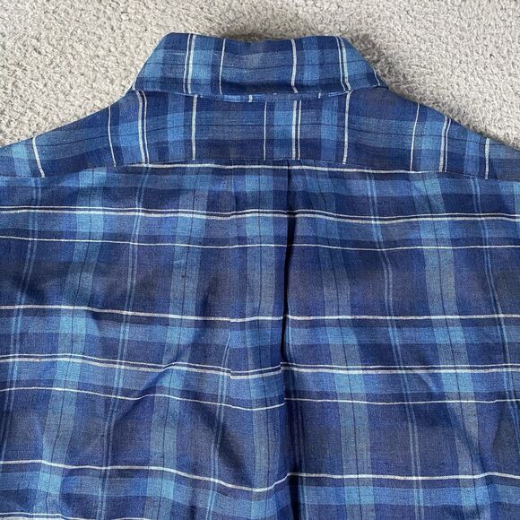Brooks Brothers Regent Baird McNutt Linen Shirt Mens Medium Blue Plaid Button - Picture 6 of 10